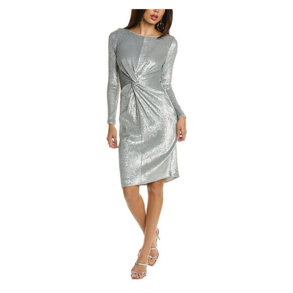 silver evening dress knee length A-Line/Princess Sweep/Brush Train Long Sleeves Evening Dresses with Fl main image 1